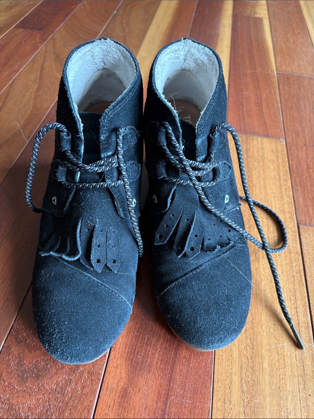 Toms Black Suede Fringe Lace-Up Wedges